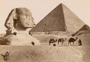 Foto em escala de cinza de uma pirâmide e camelos no deserto.